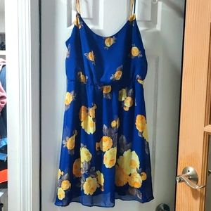 NWT- Charming charlie spaghetti strap dress, size Med, blue with yellow flowers.